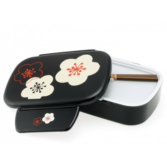 Box Bento Kotobuki 2 Layer, Black Flores Lid a Presion