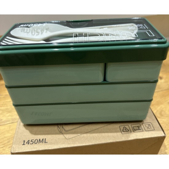 Lunch Box Stackable Antiadherente Green 3 Layer Bento Compartment 1450