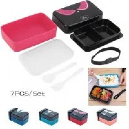 7pcs/set New 2 Tier Plastic Bento Lunch Box Kids Food Container Lunchbox Microwave