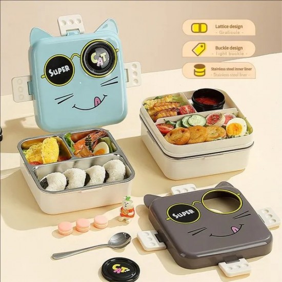 Cartoon Themed Bentos Box for Adults Kids 304 Stainless Steel 3 Compartment Leak Proof Lunch Container with Lid