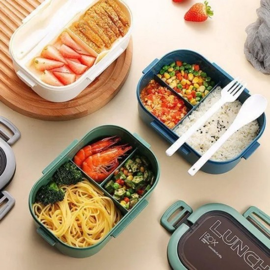 1pc Double-layer Lunch Box Portable Leakproof Bento Box with Fork and Spoon(4 Colors)